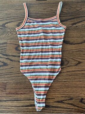 Forever 21 Multicolor Striped Ribbed Bodysuit - White, Red, Yellow, Green, Blue